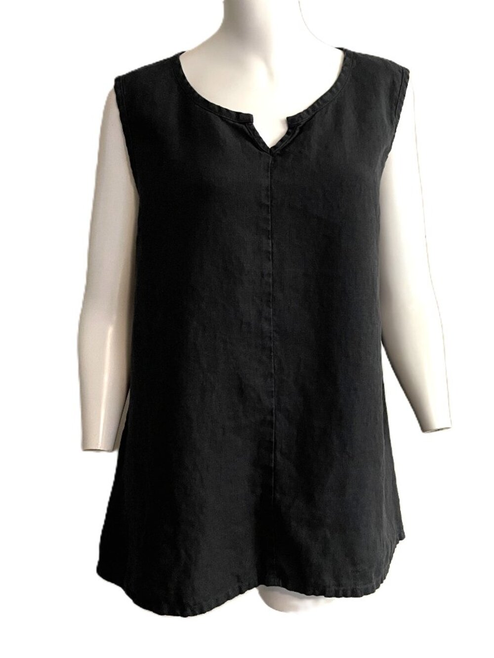 FLAX Top 100% Linen Med (10-14) Black Sleeveless Tank Lagenlook Minimalist Boho